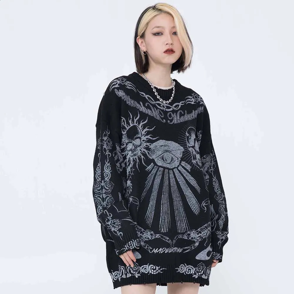 Oversized Sweater Mens Harajuku Skull Graffiti Retro Knitted Sweater Unisex Cotton Pullover Autumn/Winter 240827