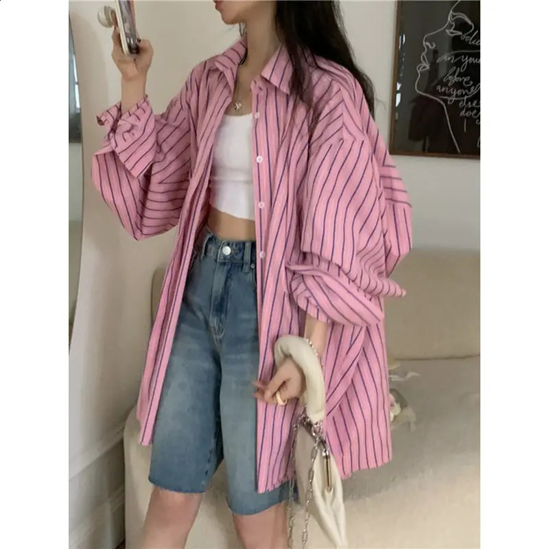 XEJ Vintage Y 2k Pink And Blue Striped Shirt Long Sleeves Tunic Elegant Social Womens Oversized shirt Spring Summer Blouse 240826