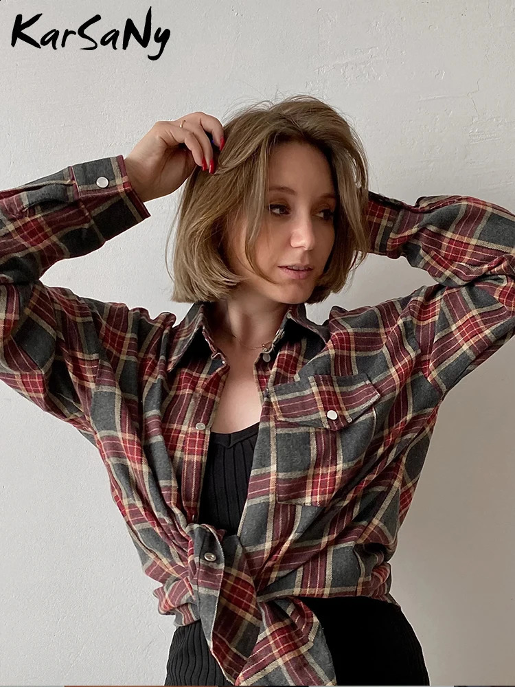 Women Oversize Plaid Shirts Cotton Summer Long Sleeve Tops Vintage Loose Plaid Blouse Black Shirts Oversized For Women 240826