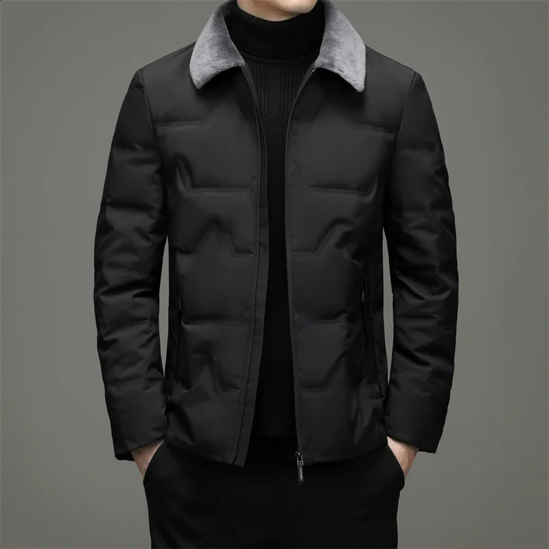 Business and leisure mens autumn white down jacket solid color warm fur collar short sleeved coat thick top park jacket 240826