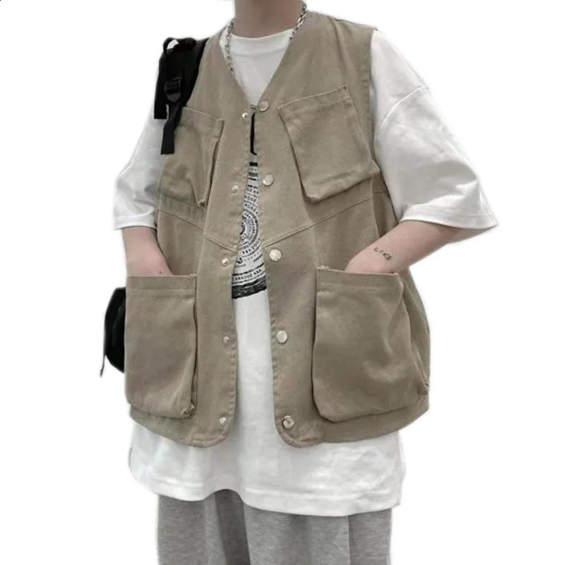 Coréen hommes cargo gilet masque de mode ou outils de mode hip hop veste sans manches lâche multi-poches décontractées