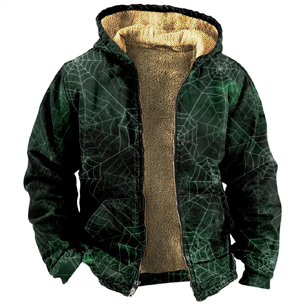 Large mens short zipper winter warm wool jacket spider web pumpkin head Halloween daily casual thick jacket 240826