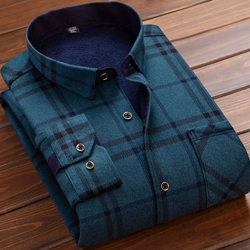 Autumn and Winter Fashion Trend Long-Sleeved Plaid Shirt Mens Casual Relaxed Comfortable Plus Fleece Thick Warm Shirt 240826