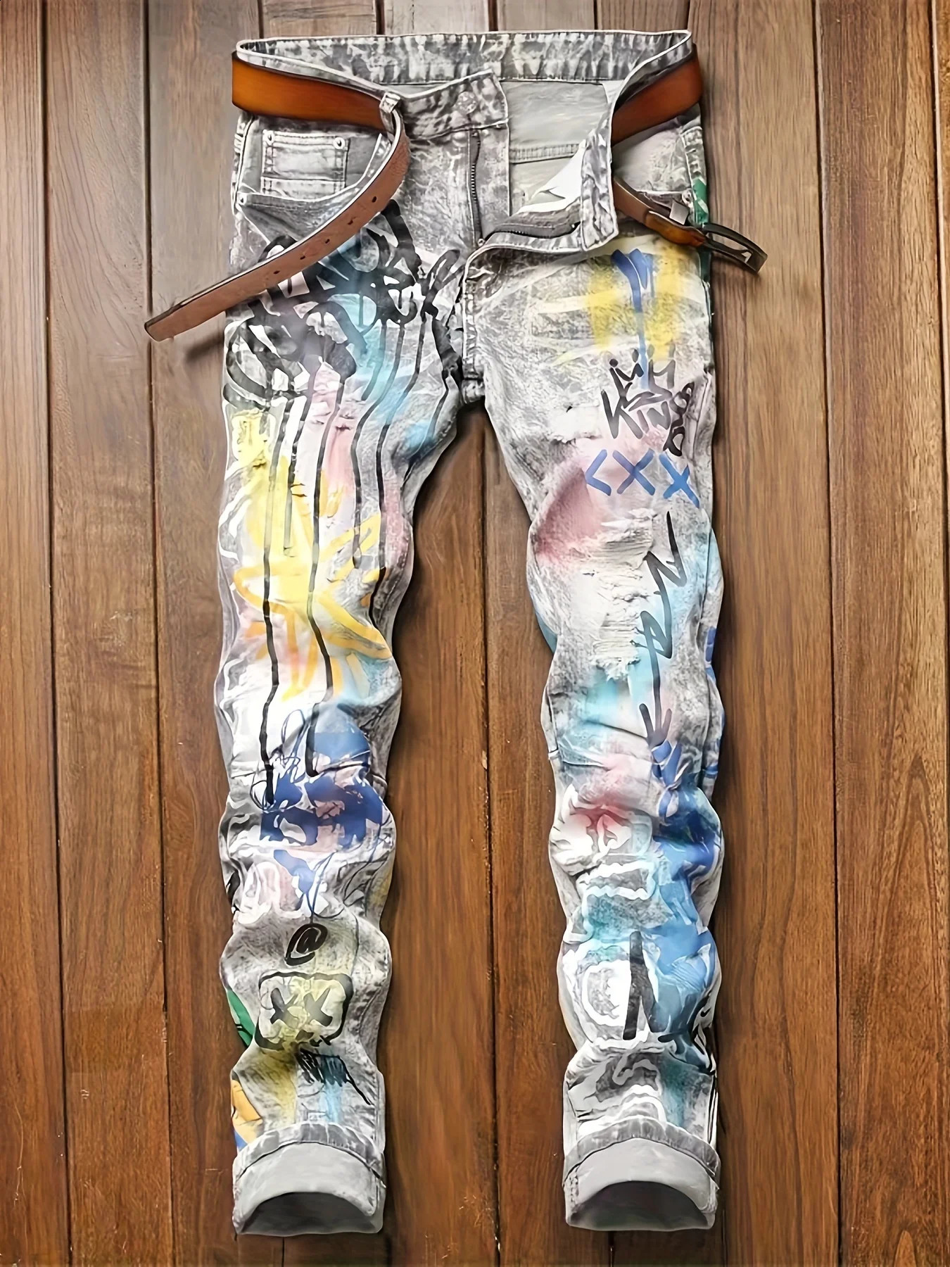 Mens slim fit elastic geometric printed Distressed jeans - a regular tight fitting denim that is soft all year round 240827
