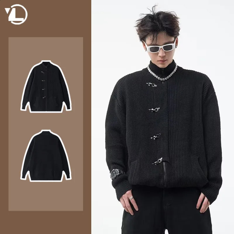 Spring Men Pull veste de veste collier simplicité zipper cardigan mâle métal bouton avion à la mode tricot tricot noir 240826