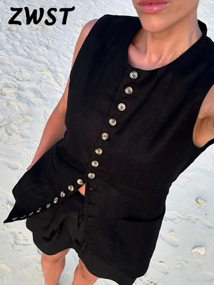 Elegant Cotton Vest Women Black Slim Sleeveless Single Breasted Pocket Long Tops Female 2024 Summer Lady Fashion O Neck Top 240826