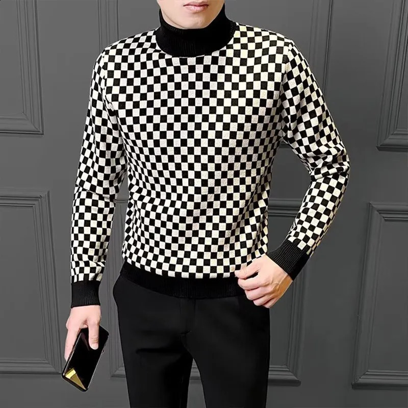 Winter KPOP fashion style Harajuku slim fit underwear loose and casual fully matched knit insert plaid lapel long sleeved sweater 240827