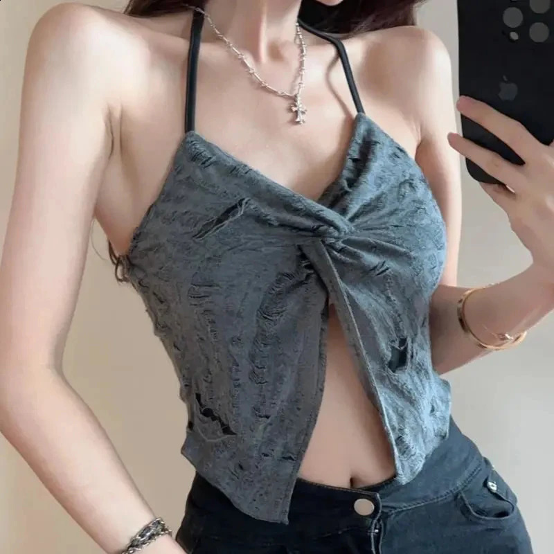Womens Clothing Summer Sexy Backless Lace Up Club Crop Tank Tops Hole Slim Sleeveless Vest Asymmetrical Y2K Split Camisole 240826