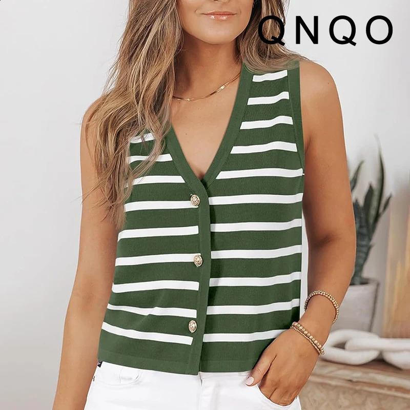 QNQO Striped Cardigans for Women Sweater Stretch VNeck Sleeveless Casual Vest 2024 Single Breasted Female Fashion 240826