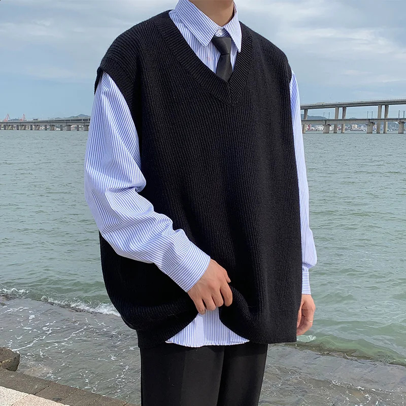 Mens Cotton Sweater Vest Korean Style Solid V-neck Spacious Clothing Streetwear Fashion Pullover Knitted Casual Men Sweater 240826