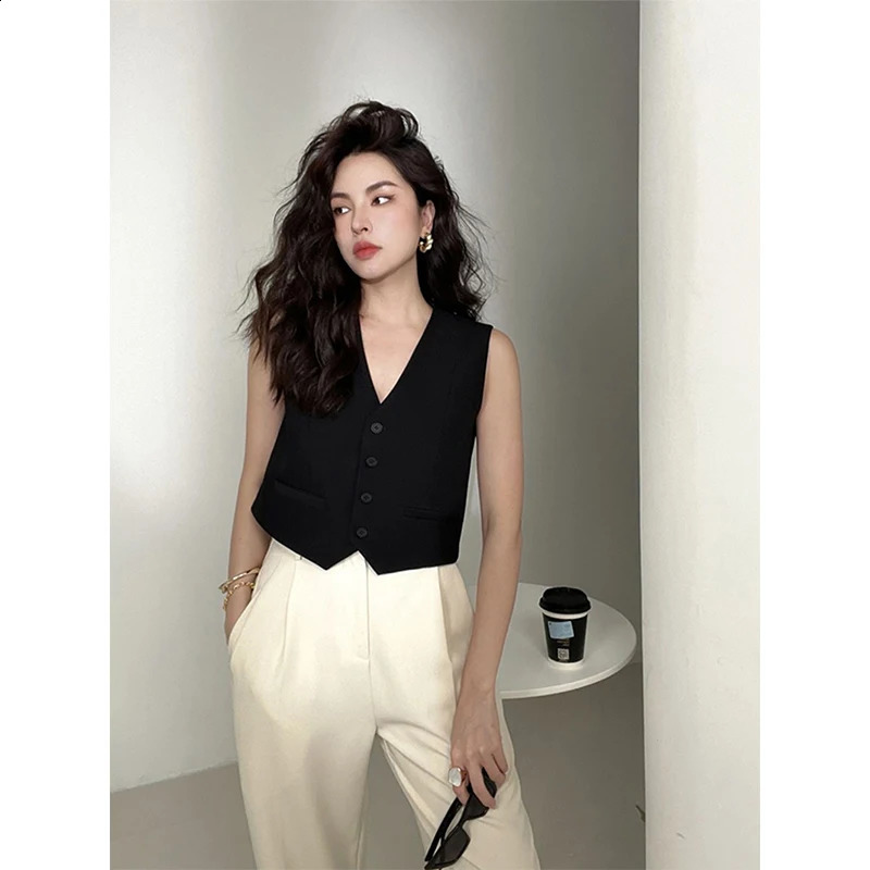 MEXZT Elegant Cutting Jacket Womens Black Set Waist Jacket Summer White Sleeveless Jacket V-neck Jacket Top 240827