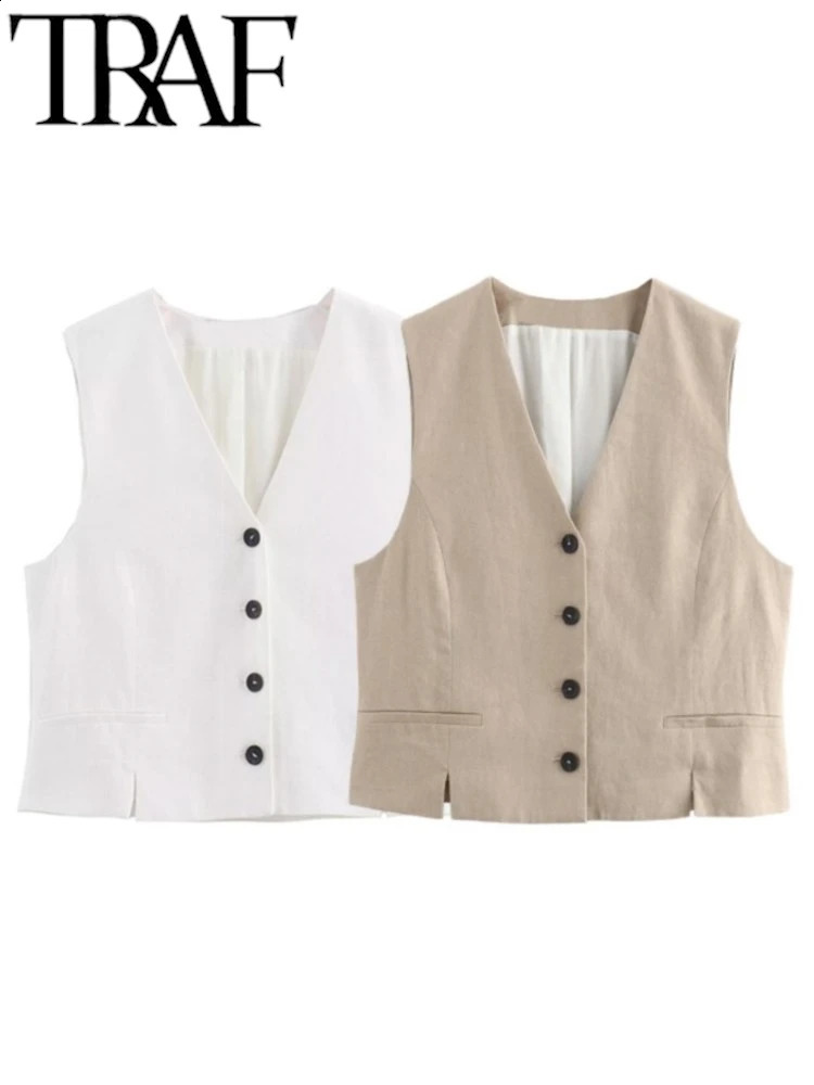 TRAF artificial linen womens sleeveless jacket summer V-neck double seam ultra-thin crop top womens tank Y2K office vest 240827