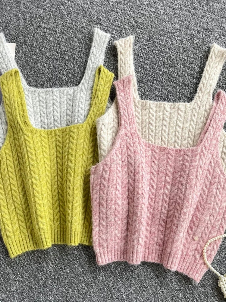 Korean fashion sweater vest solid color tank knit crop top summer full matching zipper womens slim fit simple womens clothing 240827