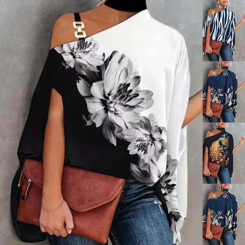 2024 Summer Elegant Shirt Colorful Loose Pocket One Shoulder Womens Shirt Retro Pattern Printed Floral Shirt 240828