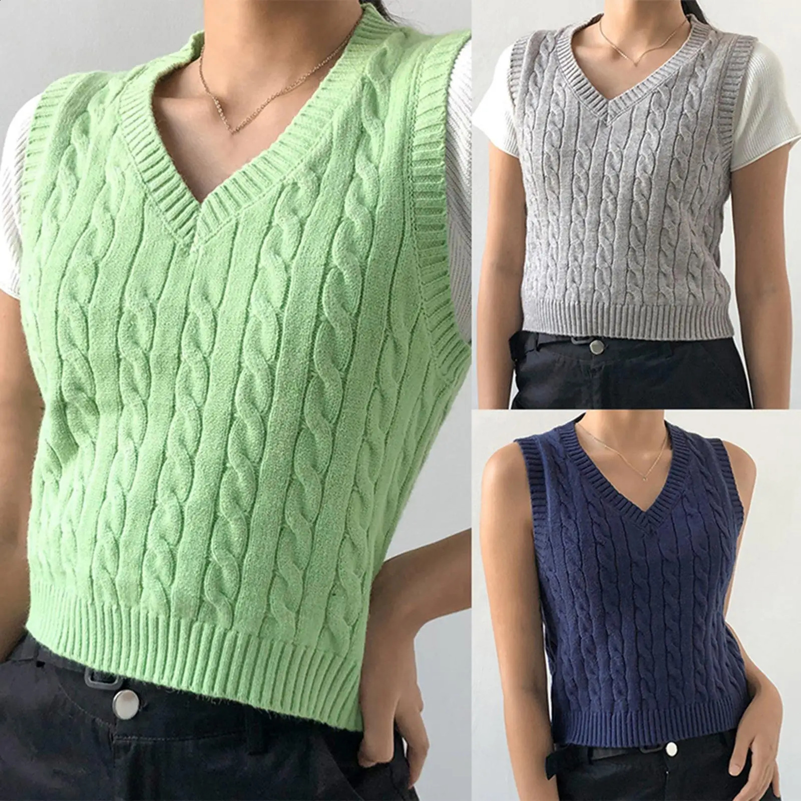 Womens sweater vest casual V-neck retro prefabricated style sleeveless floral crop top oversized sweater knitted sweater 240827