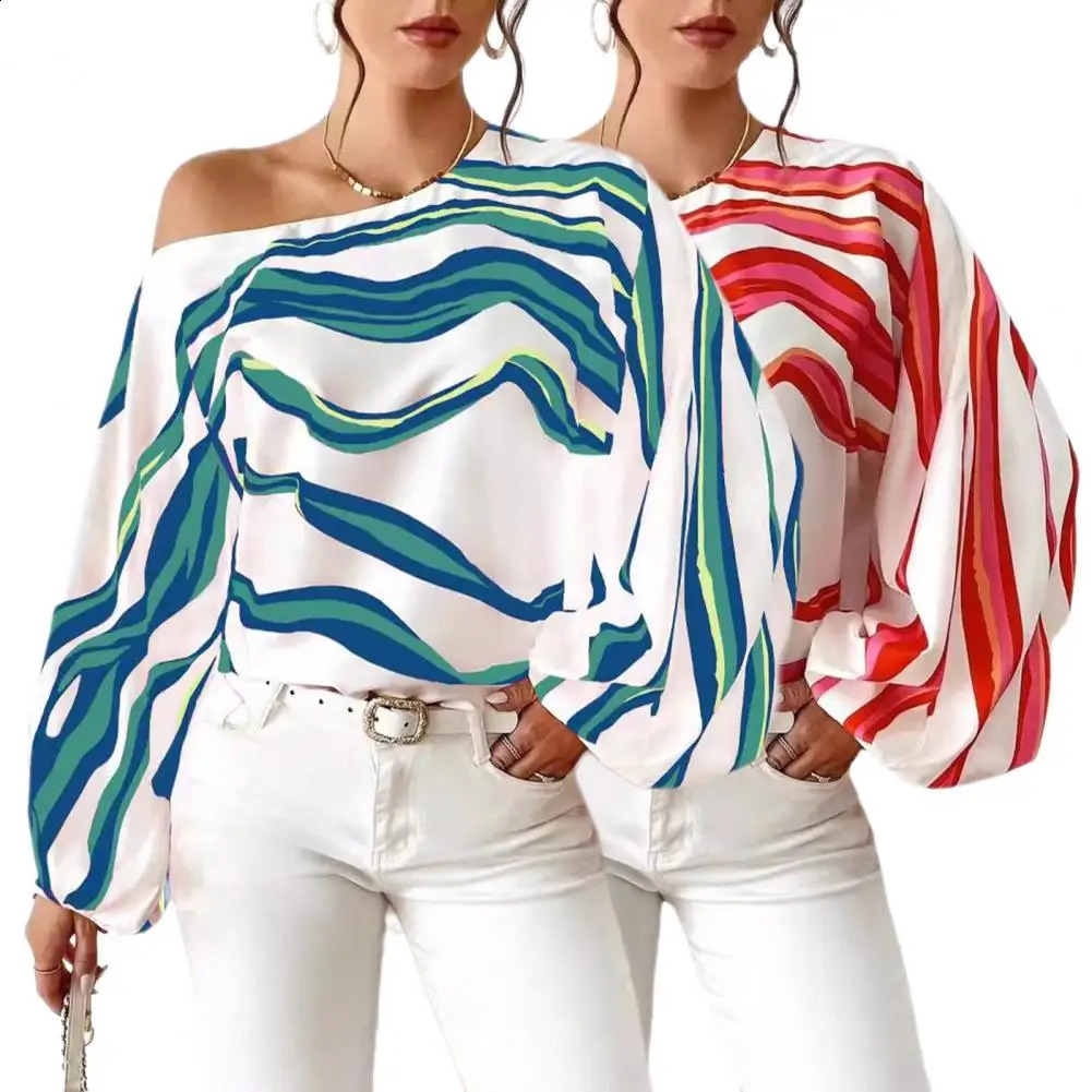 Womens formal dress shirt with geometric stripe print for spring and summer featuring lantern long sleeved diagonal collar 240828