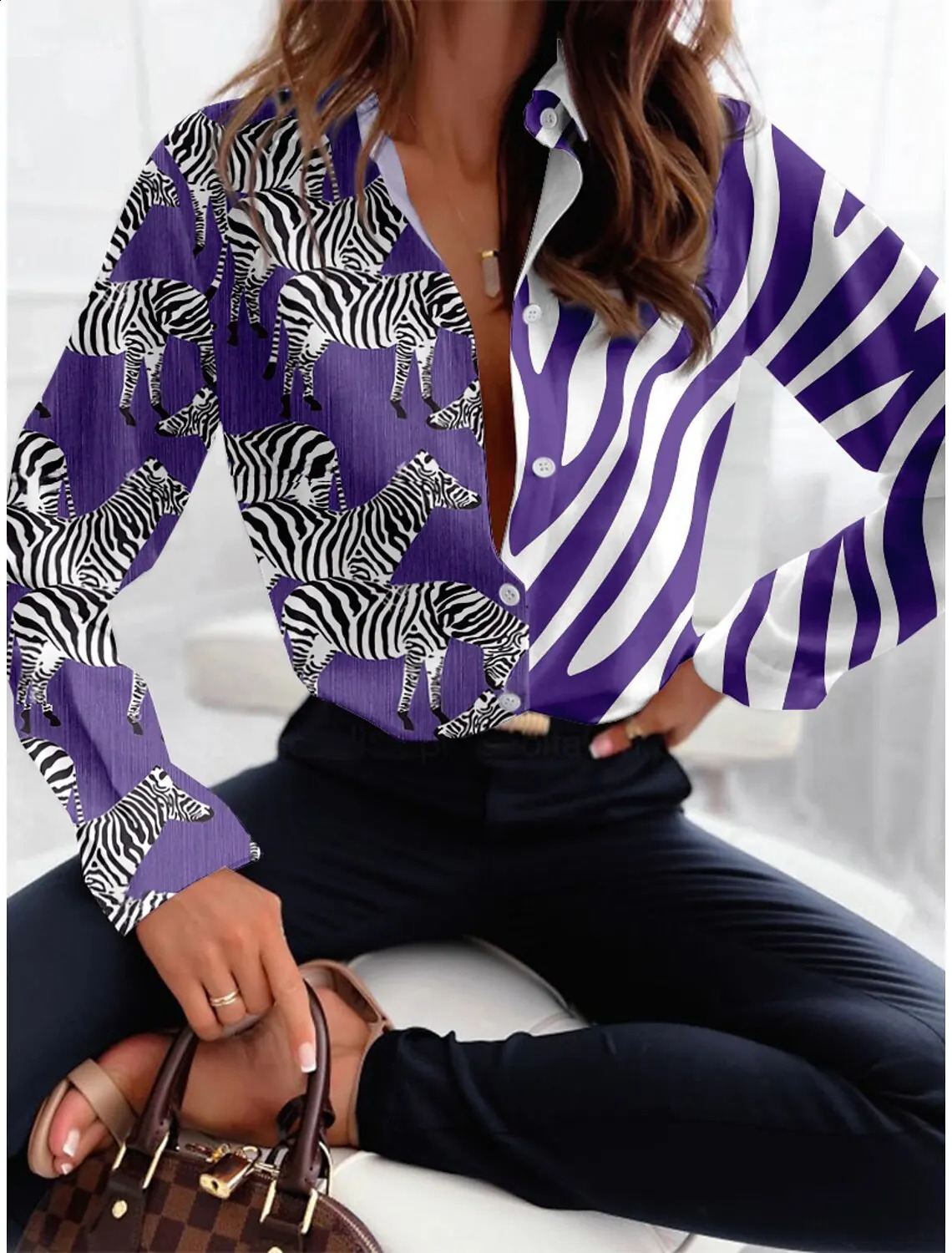 McDv Retro Loose Zebra Texture Womens Shirt Fashion Collar Long Sleeve Office Womens Shirt and Top Womens Clothing 2024 240828
