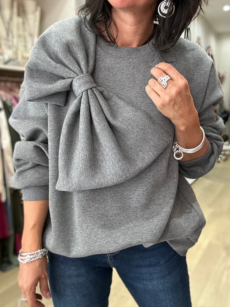 Bow O-Neck Womens Sweatshirt Oversized Spring Solid Long Sleeve Female Pullover Fashion Casual All-match Lady Hoodies Tops 240827