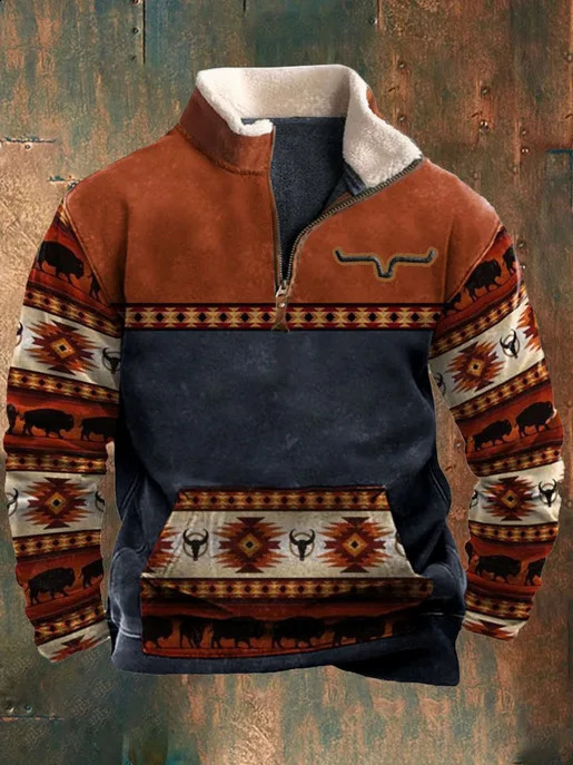 Autumn and winter vintage mens jacket 3D printed denim long sleeved wool cotton half zip mens jacket hooded sweatshirt 240827
