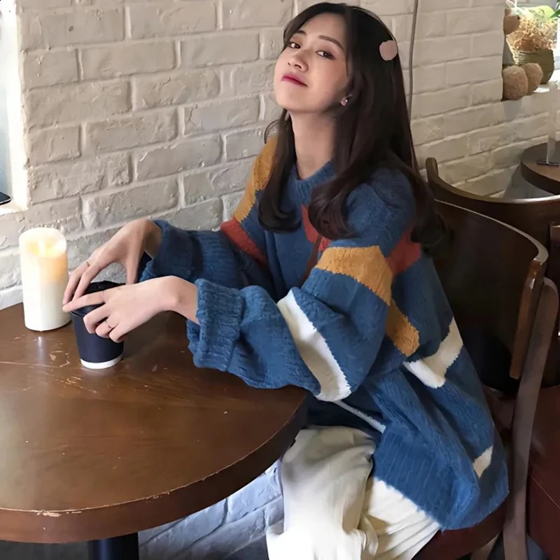 Harajuku Knitted Sweater Women Korean Patchwork Striped Loose Mid Length Pullover Fashion Casual Preppye Style Retro 240827