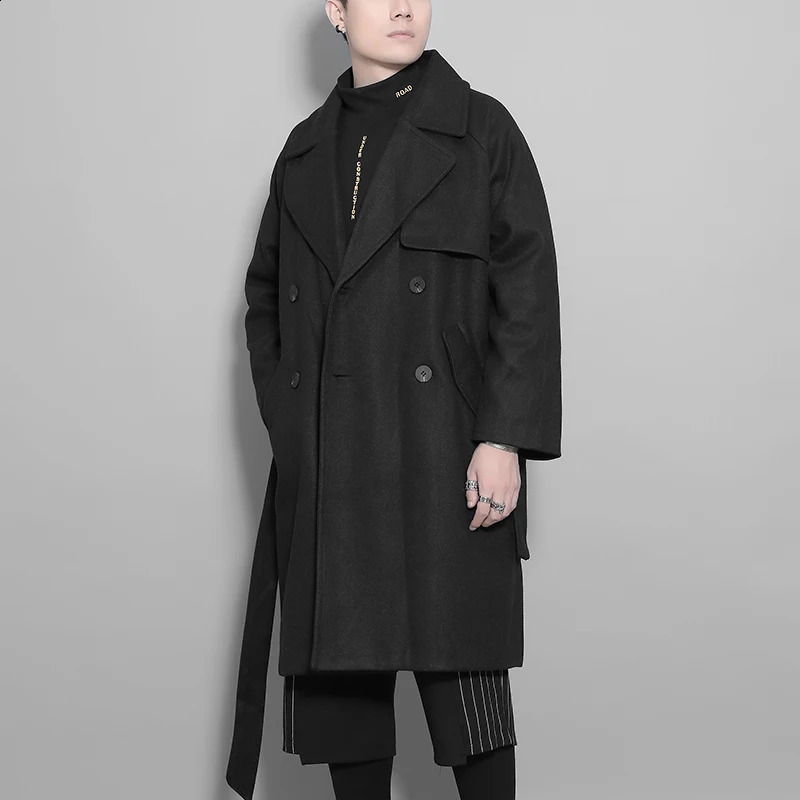 Style winter fashion mens cloaks and robes individuality belt black wool coat mens coat medium-length 240828