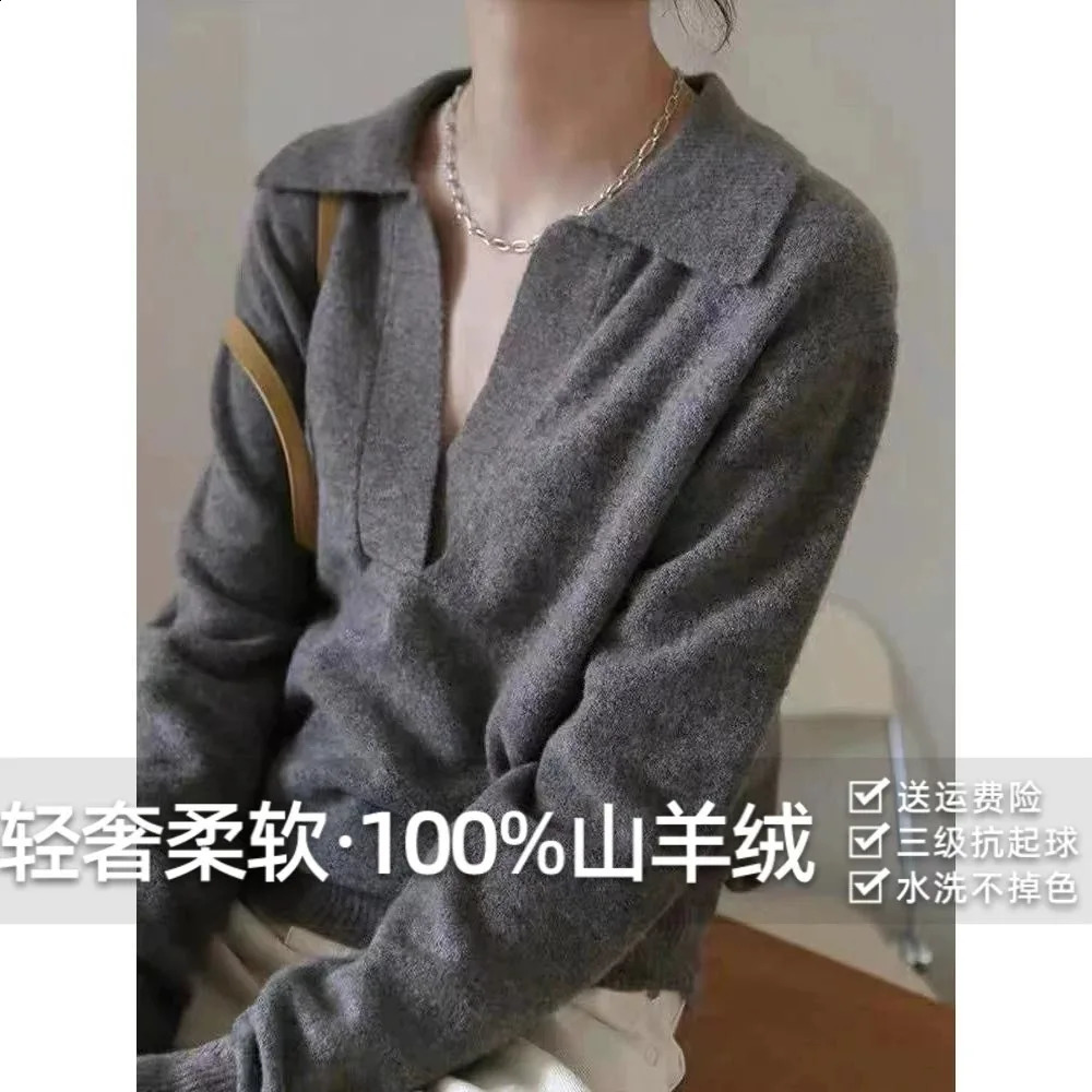 100 pure cashmere sweater womens autumn and winter Polo collar solid color short knitted with loose 240827