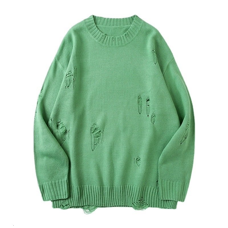 Autumn Winter Green Black Gray Ripped Hole Hip Hop Punk Sweater Men Women Vintage Round Neck Kintted Sweatshirt Jersey Hombre 240827