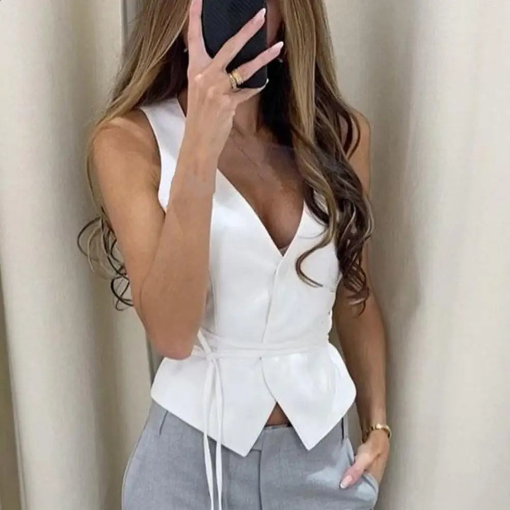 Womens short waist coat sexy V-neck sleeveless pocket jacket office womens single chest casual ultra-thin waist vest 240827
