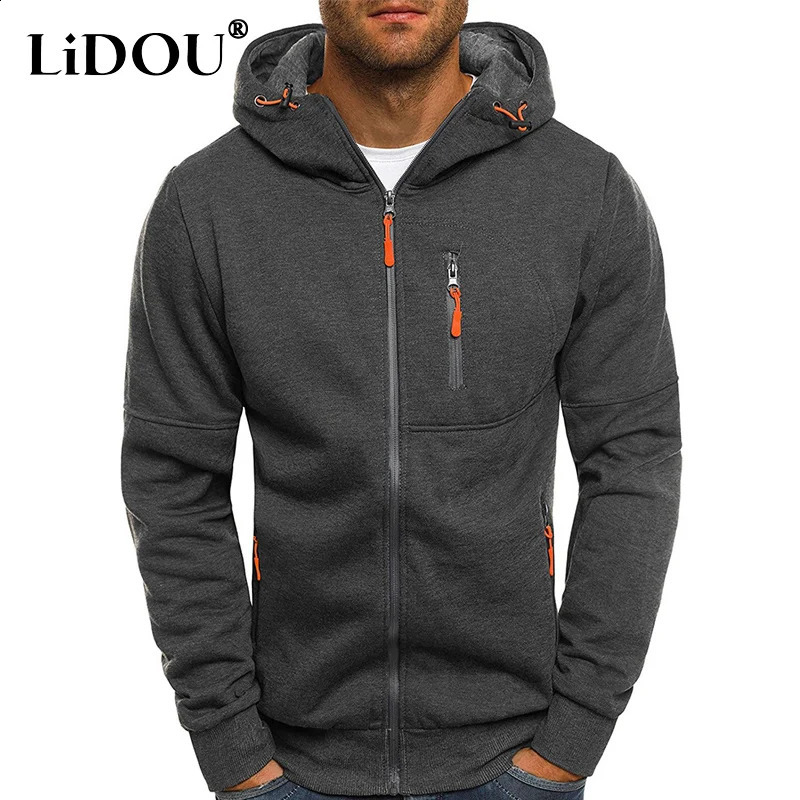 Spring and autumn solid color hooded sweatshirt brushed long sleeved sweatshirt mens fashion zipper pocket street matching cardigan 240828