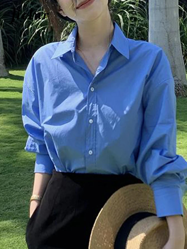 Jielur blue loose office womens shirt polo collar solid color long sleeved casual womens shirt white fashionable single chest shirt 240828