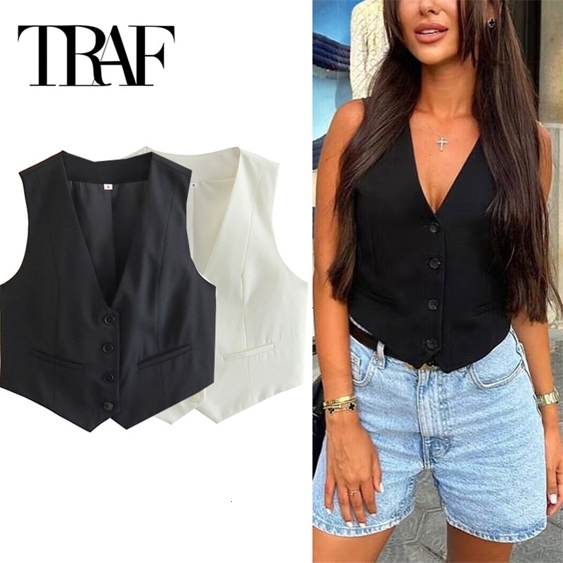 TRAF Womens Vest Black White Cropped Top Women V Neck Sleeveless Woman Fashion Working Summer Suit Short Coats y240827