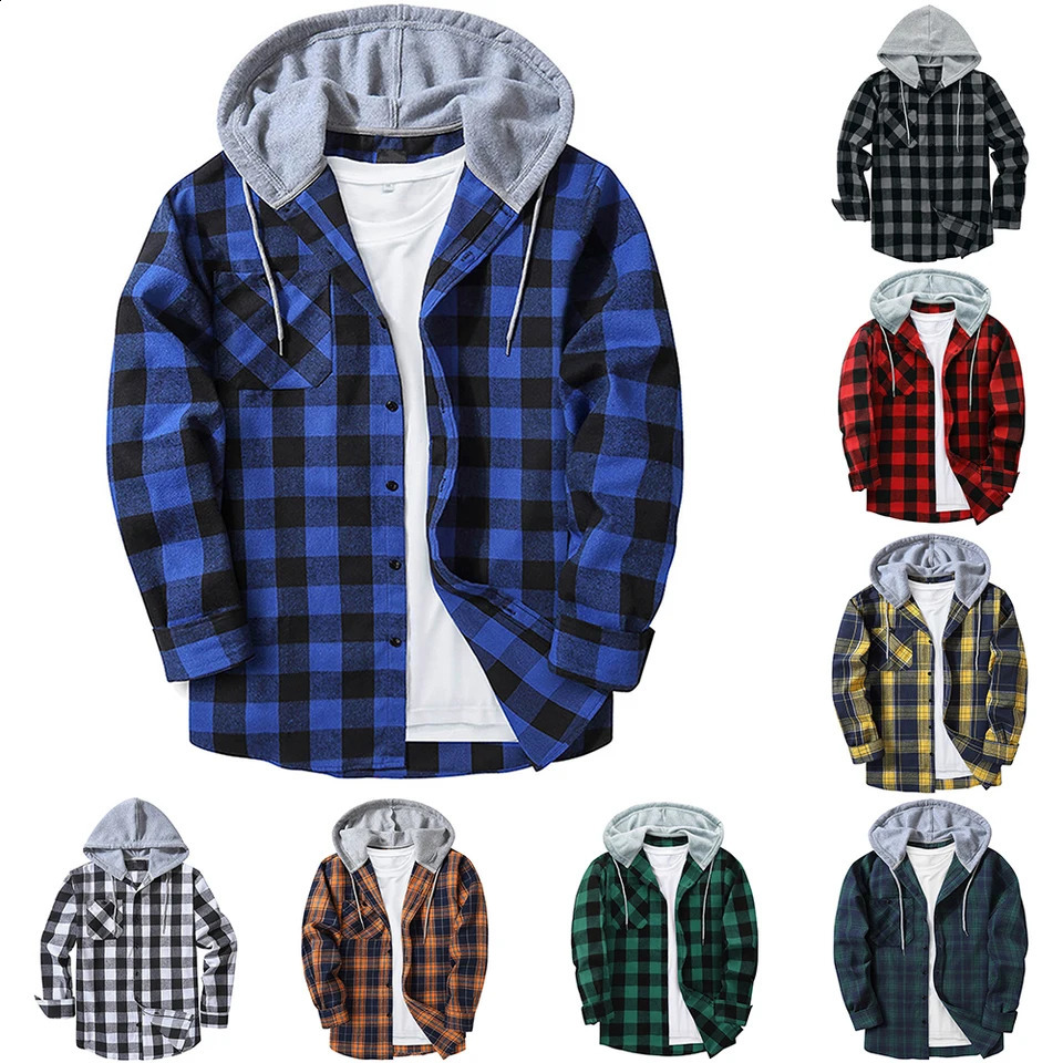Mens casual plain weave long sleeved hooded shirt with buttons work jacket brushed casual top cardigan 240828