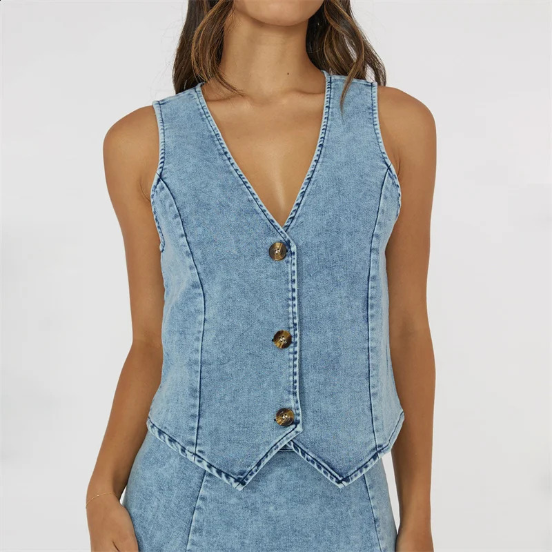 Lamuusaa denim vest womens y2k solid color deep V-neck single corset sleeveless vest jeans vest 240827