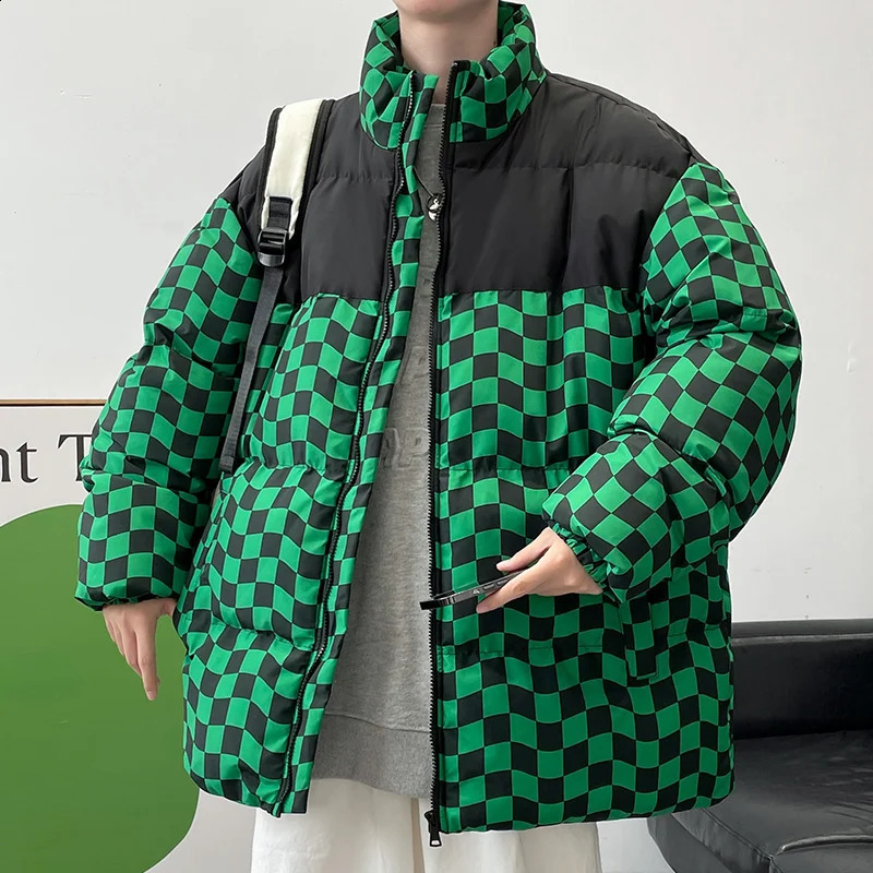 Fashion 2024 Autumn Winter Mens Plaid CottonPadded Jackets Casual Warm Down Coats Streetwear Stand Collar Thick Parkas Clothes 240828