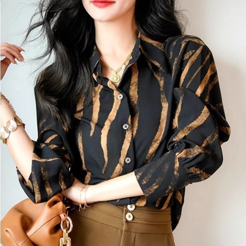 French retro striped printed womens 2024 summer patch work polo neck button loose casual long sleeved shirt 240828