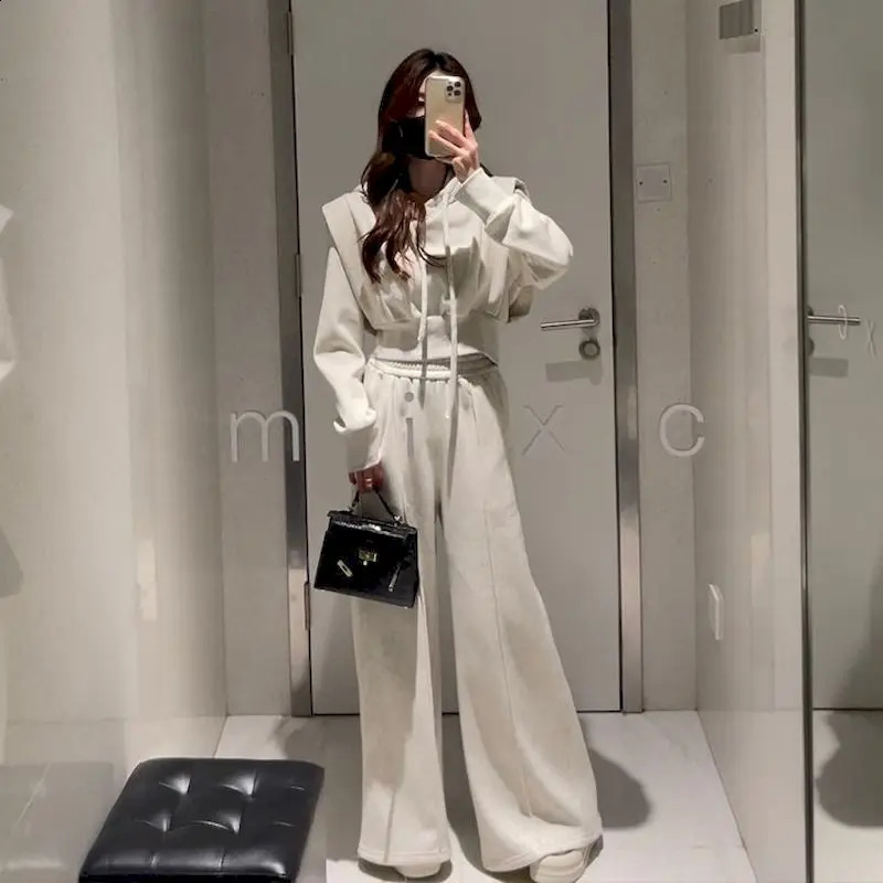 Y2k Streetwear Cropped Hooded Sweatshirts and Wide-leg Pants 2 Piece Sets Womens Korean Matching Sets Harajuku Womens Tracksuit 240827