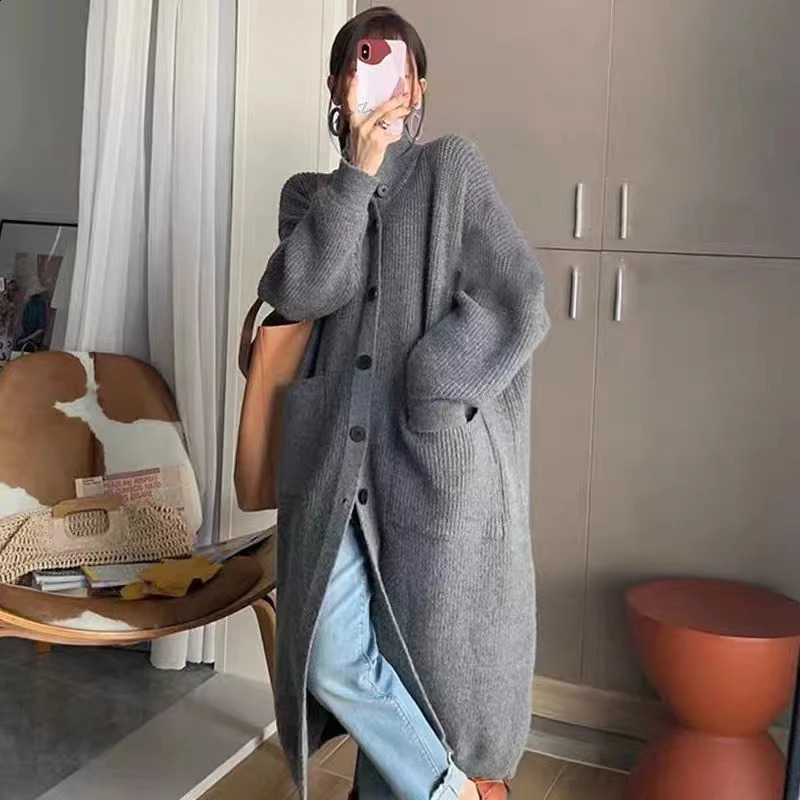 High Neck Sweater Single Breasted Solid Long Sleeve Knit Cardigan Long Coat Women Clothing Autumn Winter Casual Vintage Loose 240828
