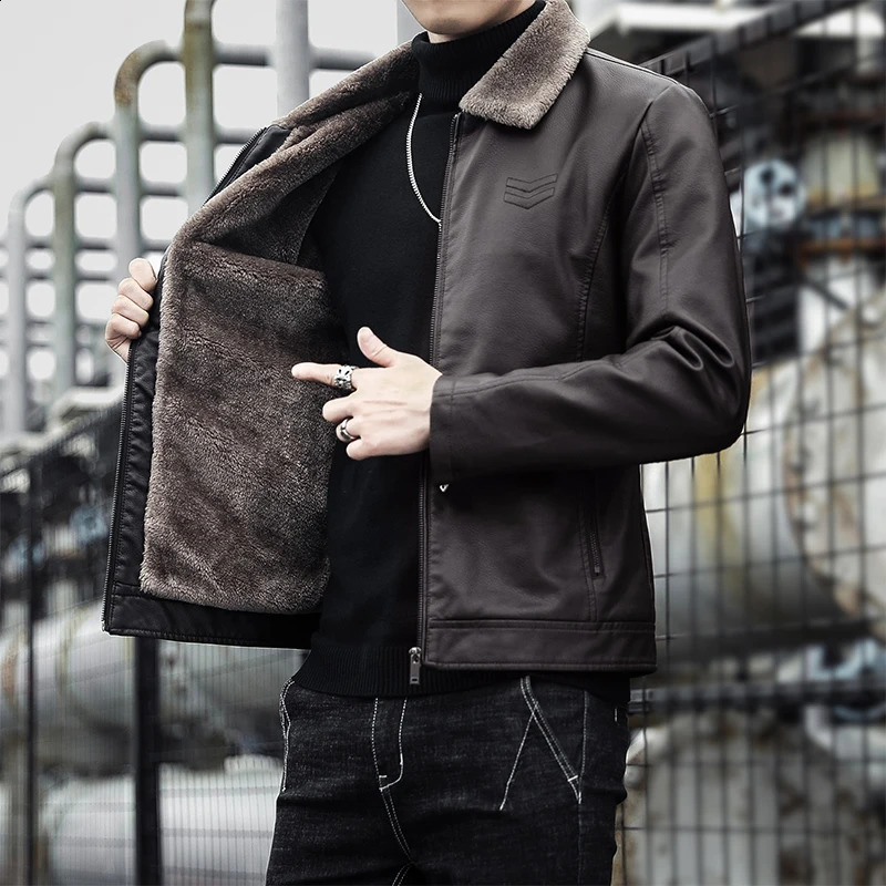 Autumn Winter Mens Solid PU Leather Fleece Jackets Casual Slim Windproof Plush Warm Faux Coat Streetwear Thicken Parkas 240828