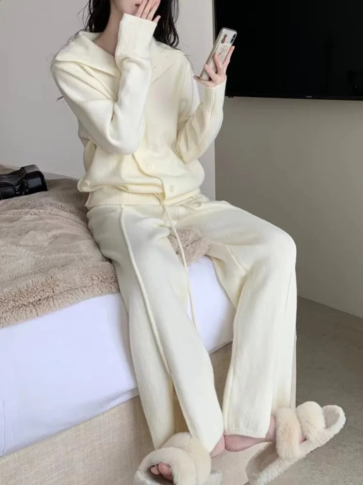 Autumn Womens Knitted 2-piece Tracksuit Fashion Single Breasted Cardigan Top Wide Leg Pants Korean Chic Casual Solid Pantsuits 240827
