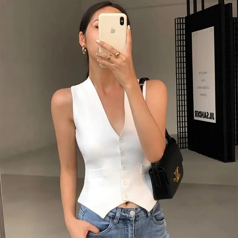 HOUZHOU Retro White Vest Womens Summer Korean Fashion Sleeveless Jacket Pocket Womens Coat Fashion Elegant Vest Top 240827