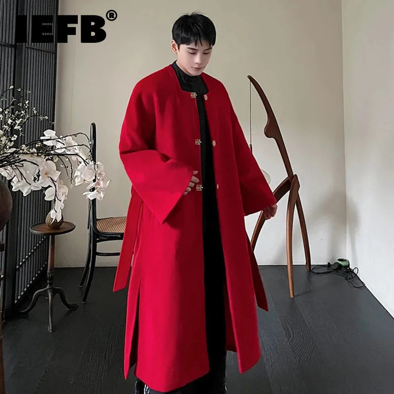IEFB Trend Mens Wool Overcoat Winter Chinese Style Hanfu Square Collar Long Coat Solid Color Woolen Windbreaker 9C3455 240827