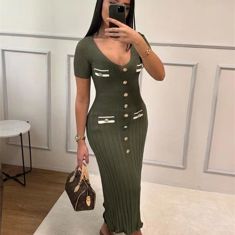 Office ladies elegant knitted long skirt summer short sleeved V-neck single chest tight dress womens party fashion vest 240827