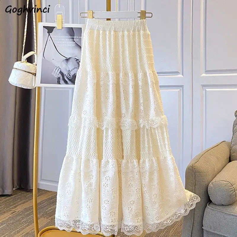 Robe en dentelle Femmes de style français Longueur de la cheville haute élasticité taille creux creux travail en liberté coréenne sweet a-ligne s