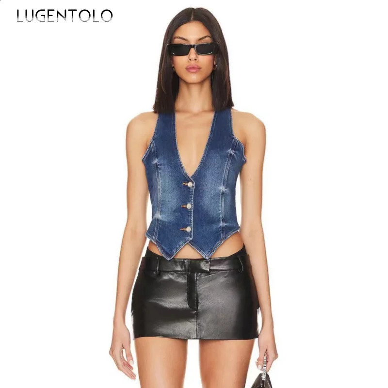 Womens denim vest sexy V-neck sleeveless slim fit jacket single corset summer sweetheart casual tight short jacket 240827