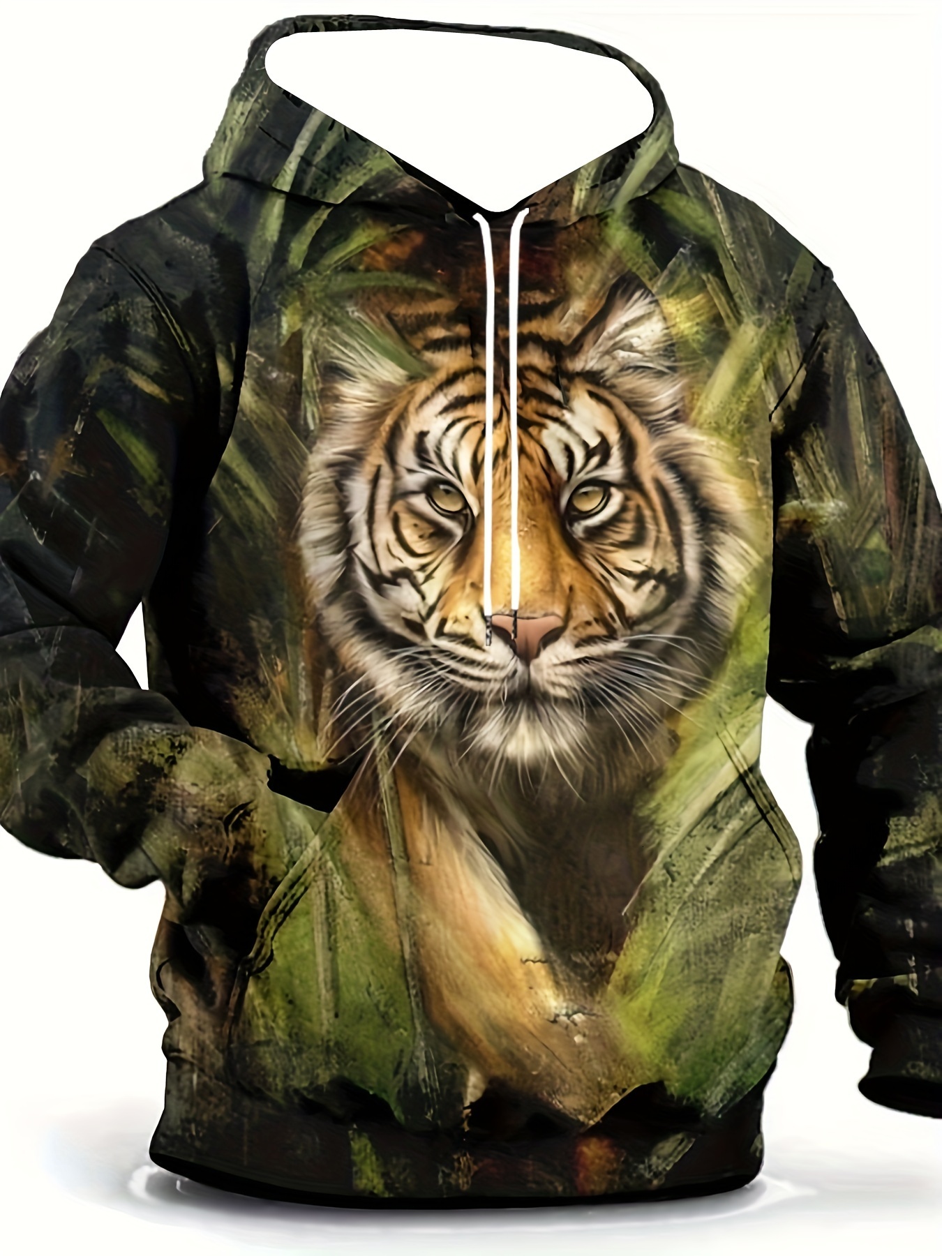 Men's Plus Size Vintage 3D Tiger Print Hooded Sweatshirt For Spring/Autumn, Oversized Trendy Hoodies Designer For Males, Men's Clo
