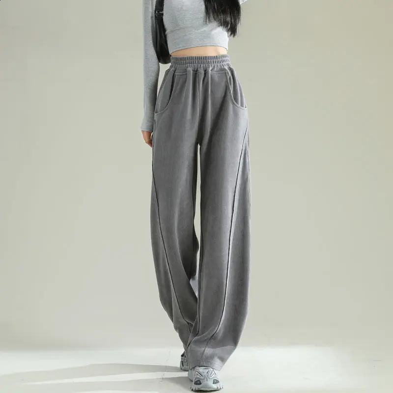 Womens Solid Color Autumn Winter Elasticize High-waisted Patchwork Pockets Loose Sporty All-match Straight Casual Pants 240827