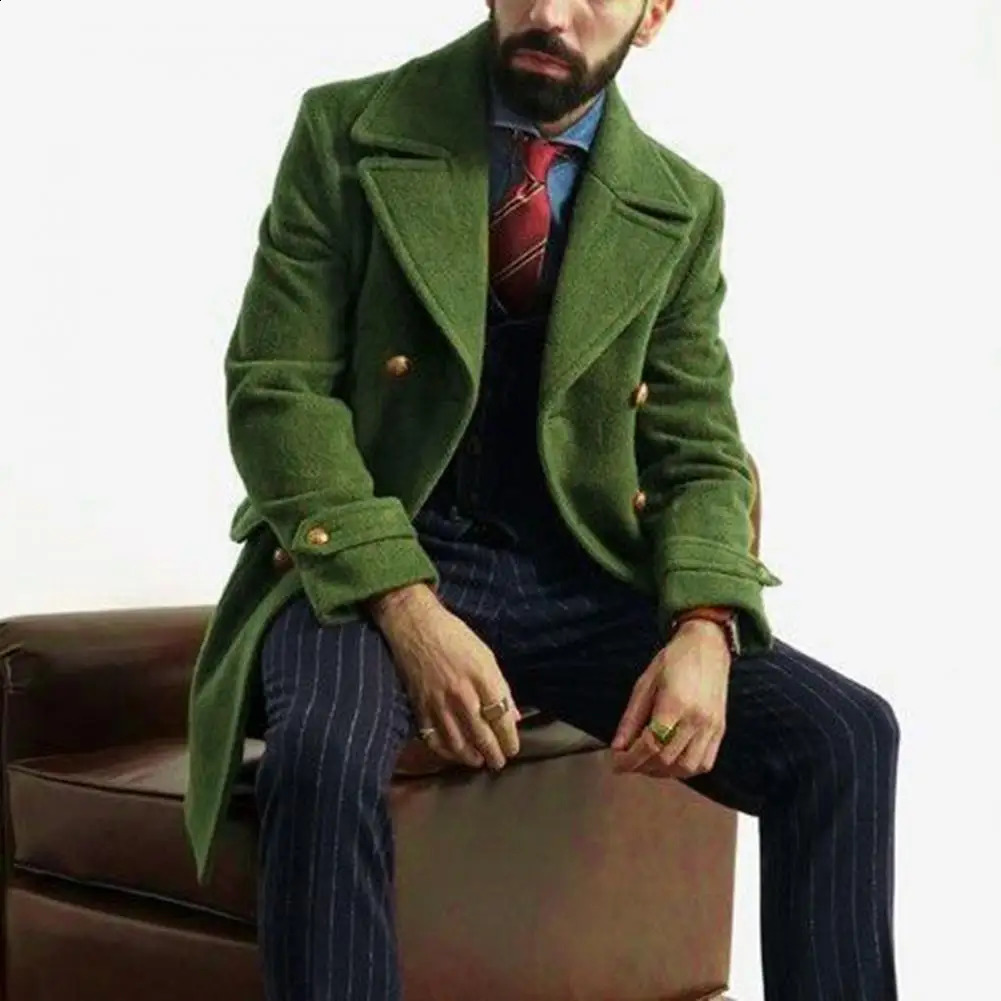 Mens autumn and winter trench coat double woven thick long sleeved wool coat notched collar British medium length mens jacket 240912