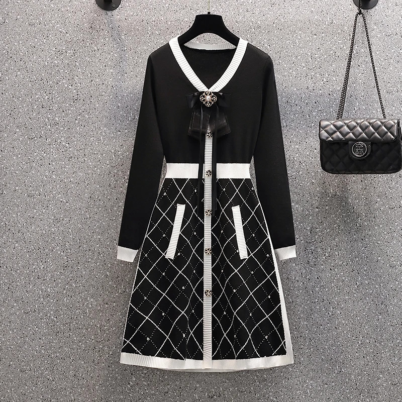 Elegant Retro French Checkered Splicing Evening Dress for Womens Long Sleeve V-neck Bow Fashion Diamond Sweater Dress 240827