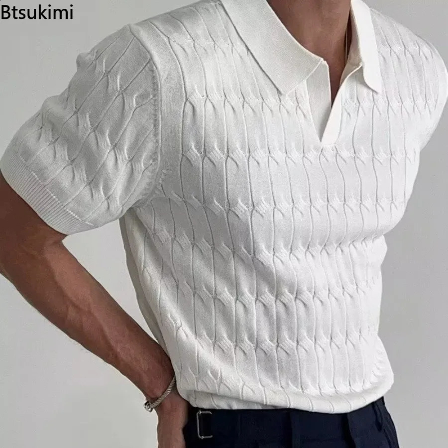 Summer Mens Jacquard Knitted Polo Shirts Stylish V-neck Short-sleeved Lapel Knit Pullover Tops Men Business Casual Wear T-shirt 240828