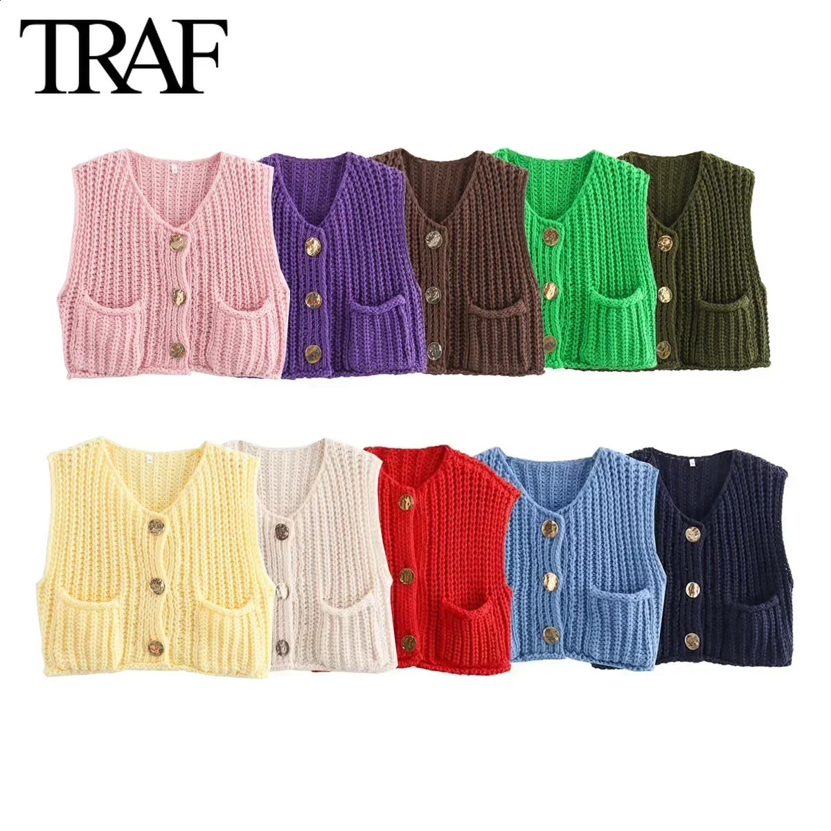TRAF Womens Fashion Pocket Sleeveless V-neck Single Chest Open Collar Woolen Sweater Knitted Sweater Short Vest Sweet Fashion Womens Top 240827